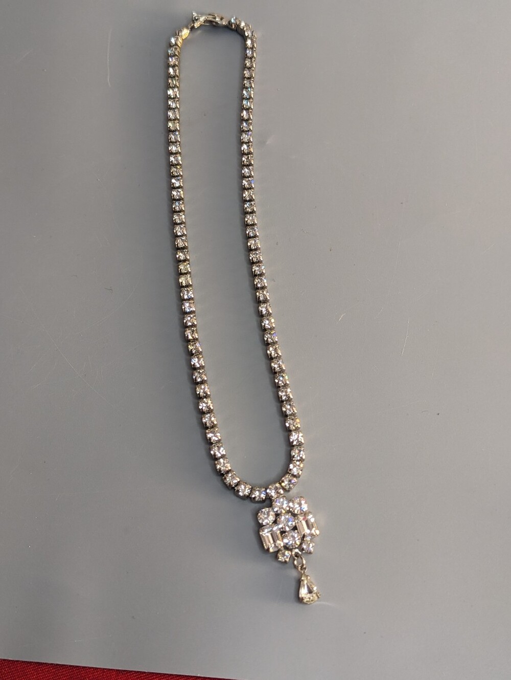 Sherman Vintage Mid-Century Signed Clear Rhinestone Drop Pendant Necklace
